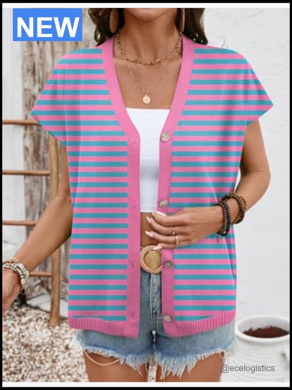 Oversized V-Neck Short Sleeve Button Cardigan Lightweight Knit - Picture 4 of 7